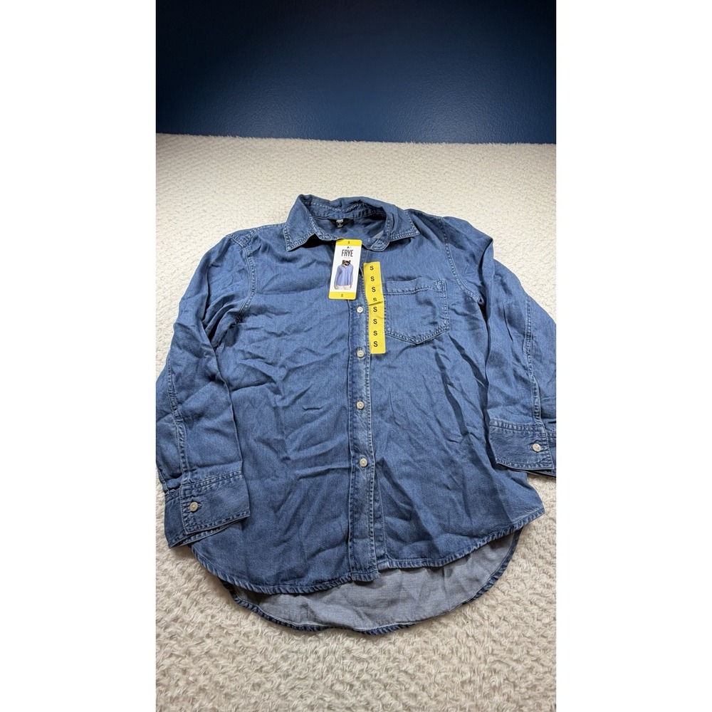 Frye Women's Puffed Sleeve Denim Top Shirt Size small Button Up Medium Wash NEW - Picture 2 of 3
